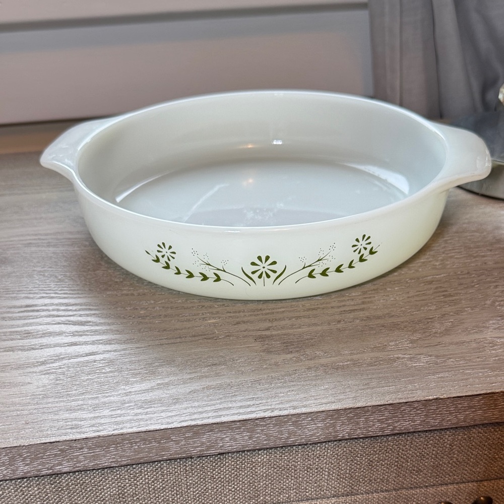 Elegant White Baking Dish with Green Floral Design